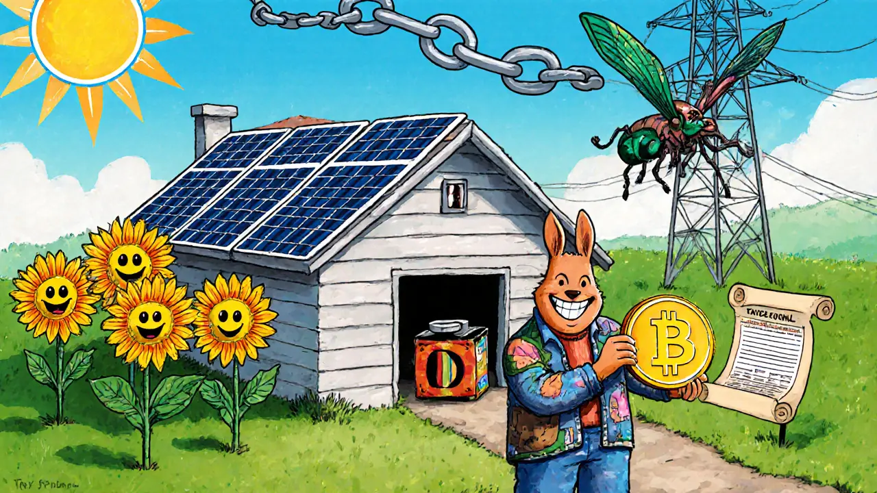 A cozy garage mining setup powered by smiling sunflower solar panels, with a friendly creature delivering a tax form.