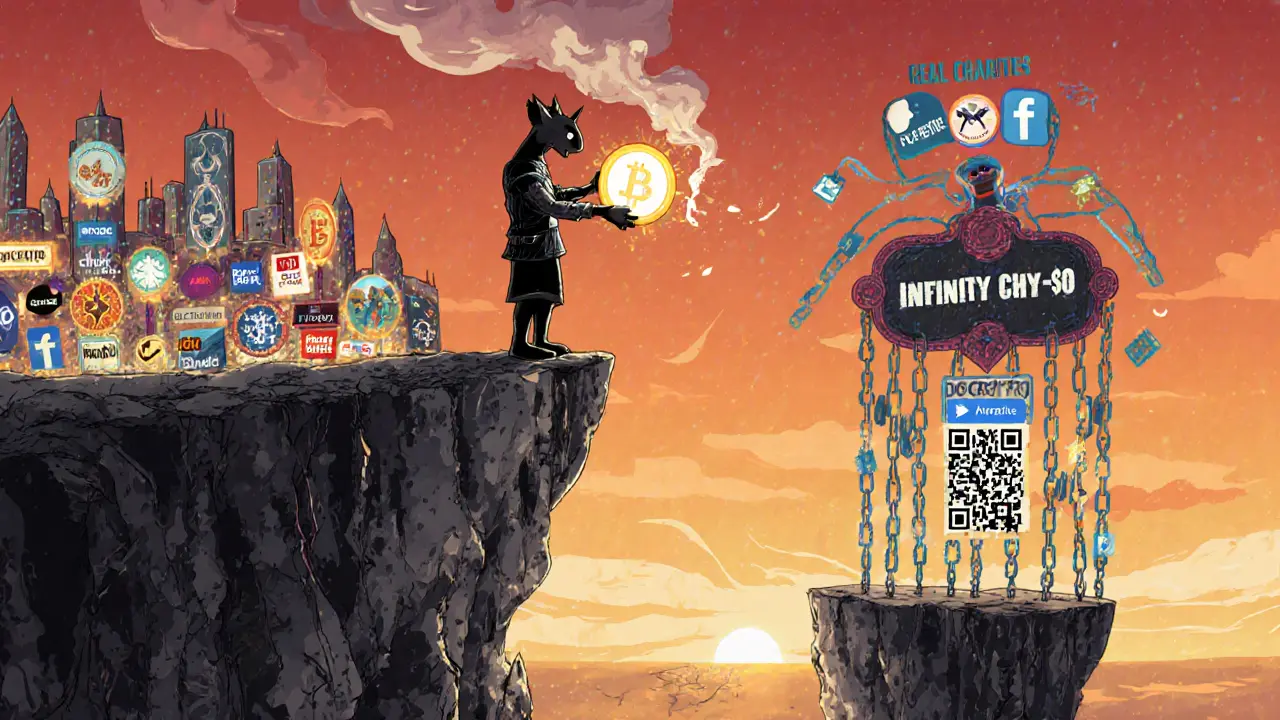 A figure watching a CHY token dissolve into smoke, facing a void labeled &#039;Infinity CHY = <h2>Should You Participate?</h2>&#039; as a real charity city glows behind them.