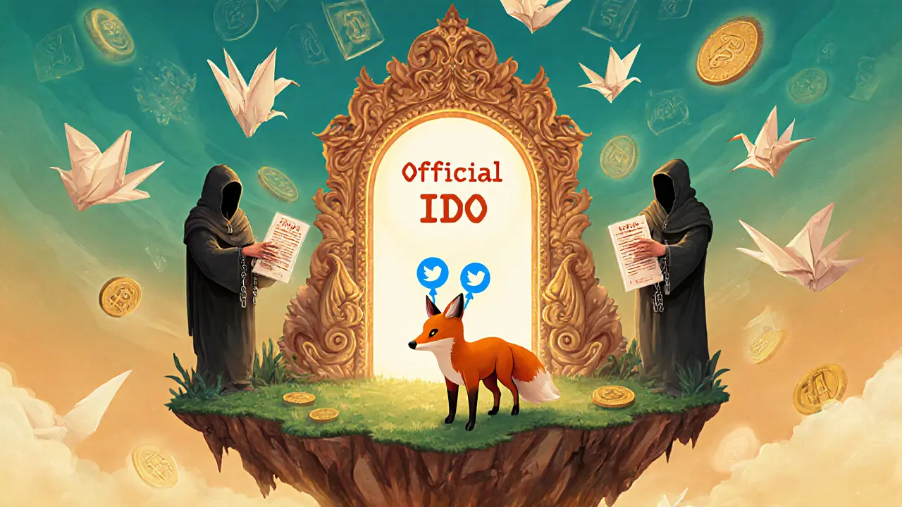A fox-like figure approaches a safe IDO portal while fake airdrops lurk in shadows.