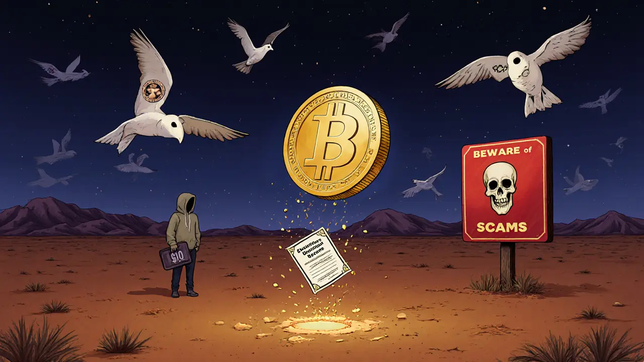 A fragile LION token floats in a desert as drone birds drop a disintegrating certificate, with a warning skull sign in the distance.