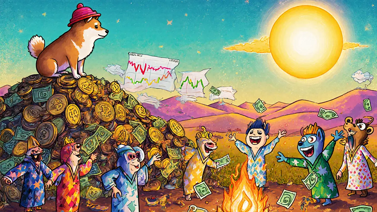 A hatless Shiba Inu atop a pile of memecoins, watched by dancing creature-folk under a Solana sun in alebrije style.