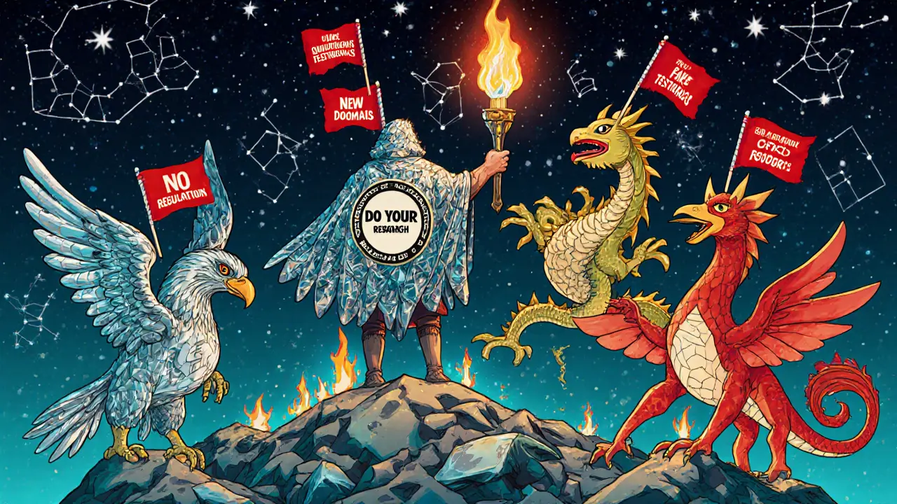 A hero pointing to four legitimate crypto exchanges as noble spirit beasts, surrounded by burning scam flags.