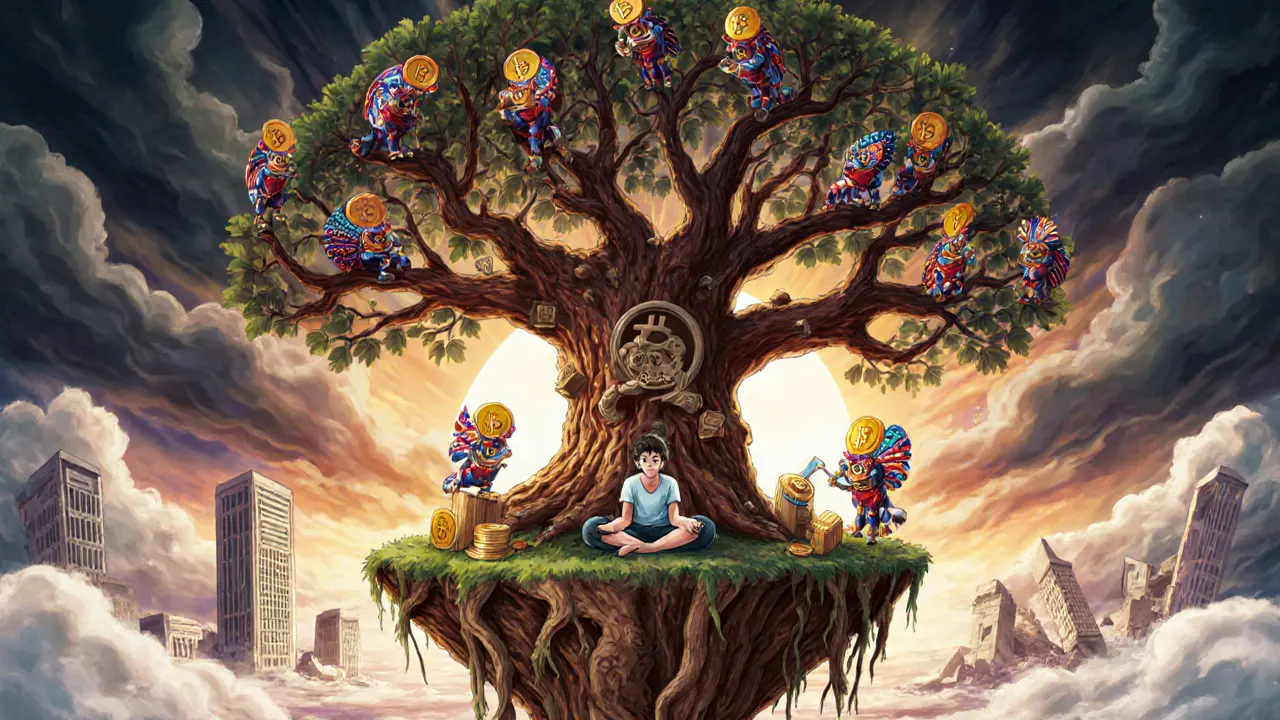 A person syncing a tree-shaped node machine while alebrije creatures deliver transactions in a surreal landscape.