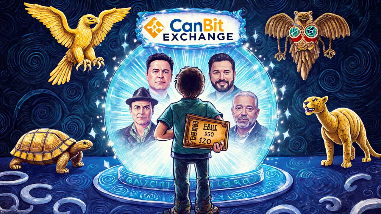 A traveler facing a fake exchange portal while real crypto platforms appear as protective spirit animals.