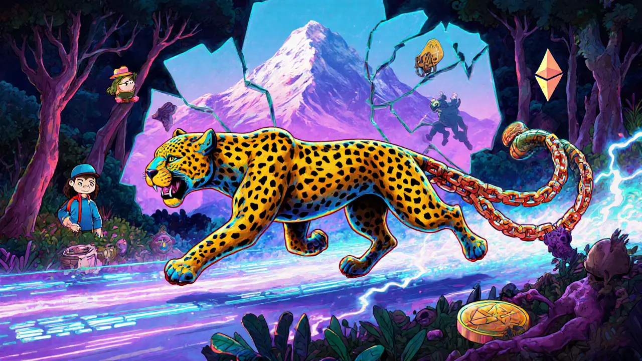 A vibrant sidechain jaguar sprinting through a digital jungle, with bridging chains for tails and hacker shadows nearby.