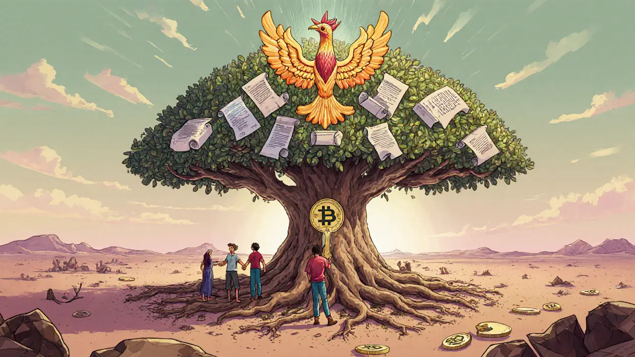 An ancient blockchain tree grows tokens as humans surrender keys, while a phoenix of audits rises above.