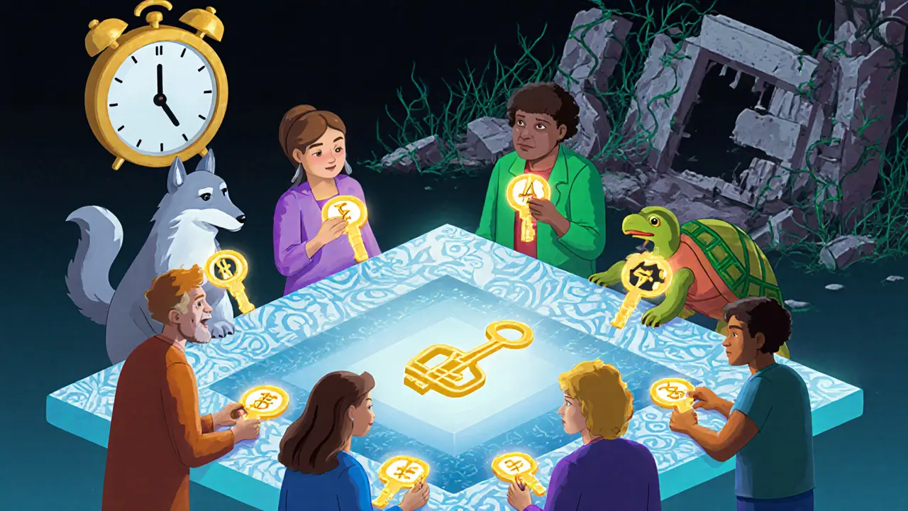 DAO members place keys on a blockchain table to approve a transaction, while a timelock clock ticks nearby and a ruined single-key vault fades in the background.