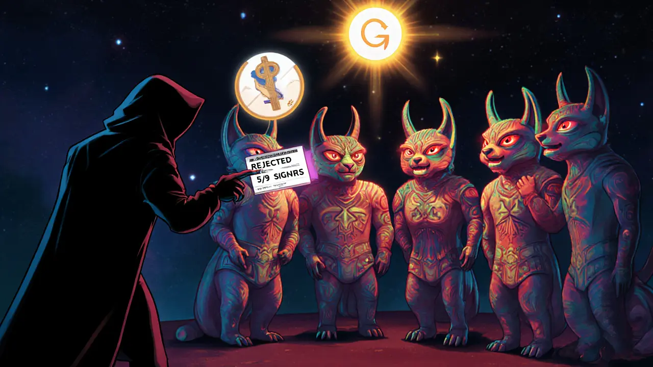 Five glowing Alebrije guardians block a hacker from accessing a MultiSig vault, with a &#039;REJECTED&#039; transaction displayed in the air.
