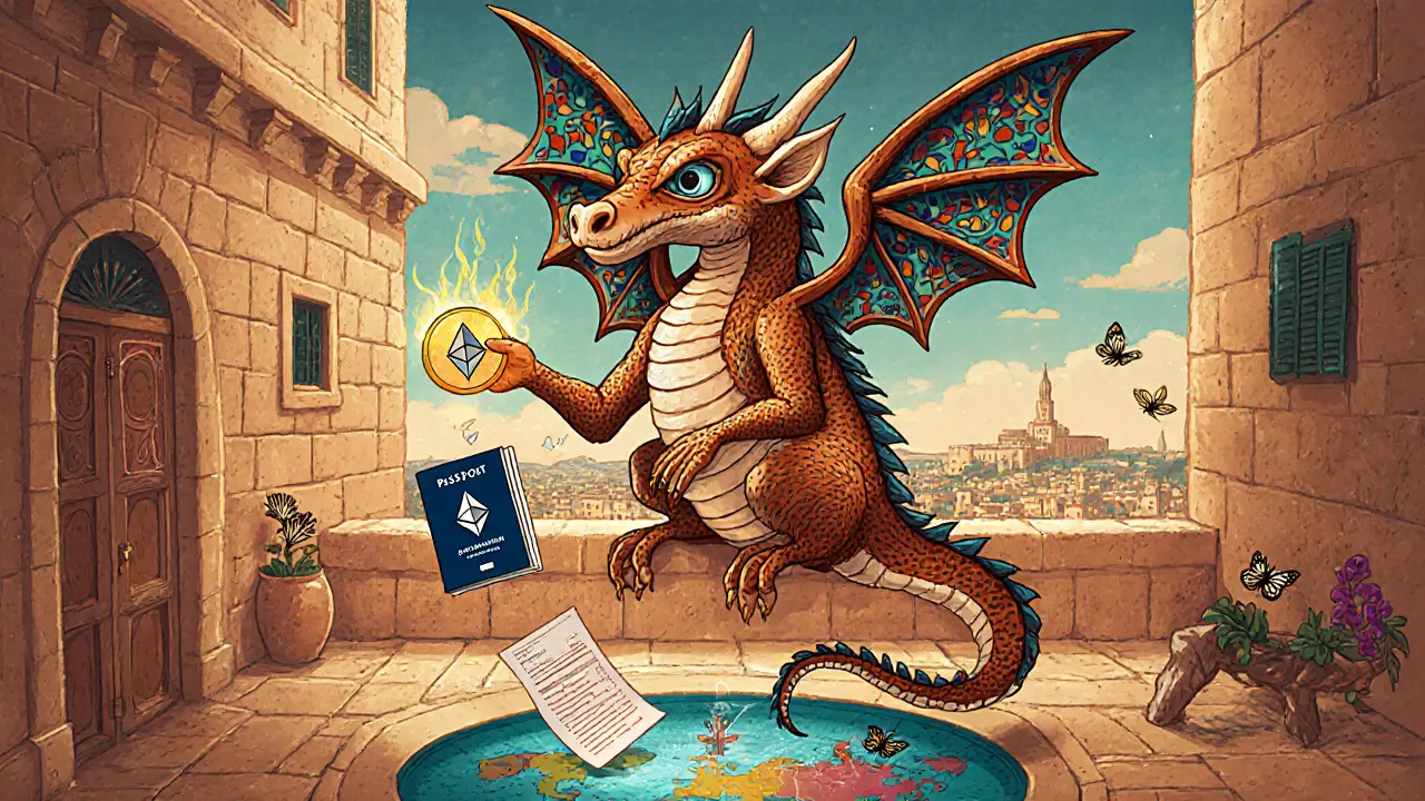 Maltese blockchain dragon perched on a terrace, turning tax bill into butterflies.