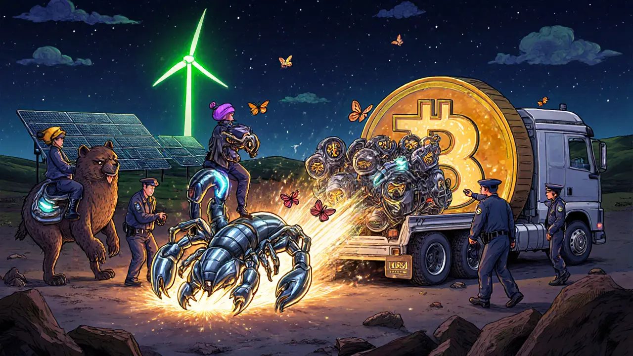 Police on owl-bears seizing glowing scorpion-miners at night, while renewable energy glows in the background.