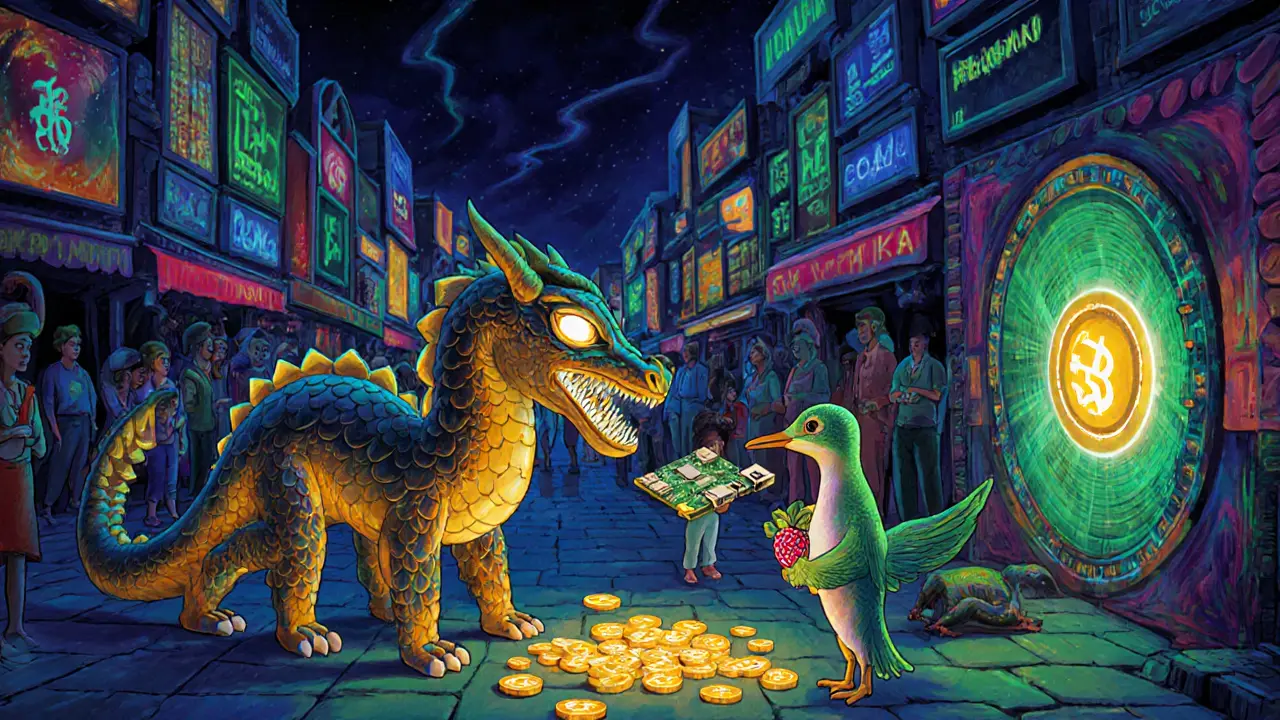 Spirit animals guarding a digital marketplace, with a dragon-node verifying transactions under a radiant sky.