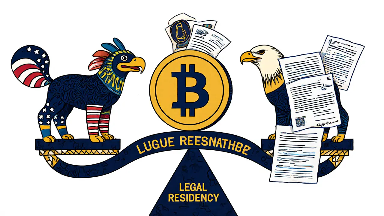 Three fantastical beasts on a scale balancing crypto against proof of legal residency.