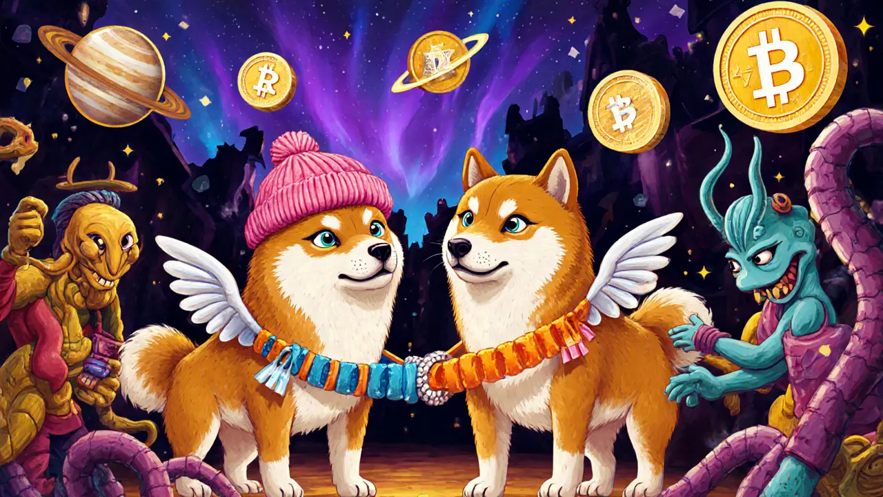 Two Shiba Inus, one with a hat and one without, being traded by fantastical creatures in a surreal alebrije marketplace.