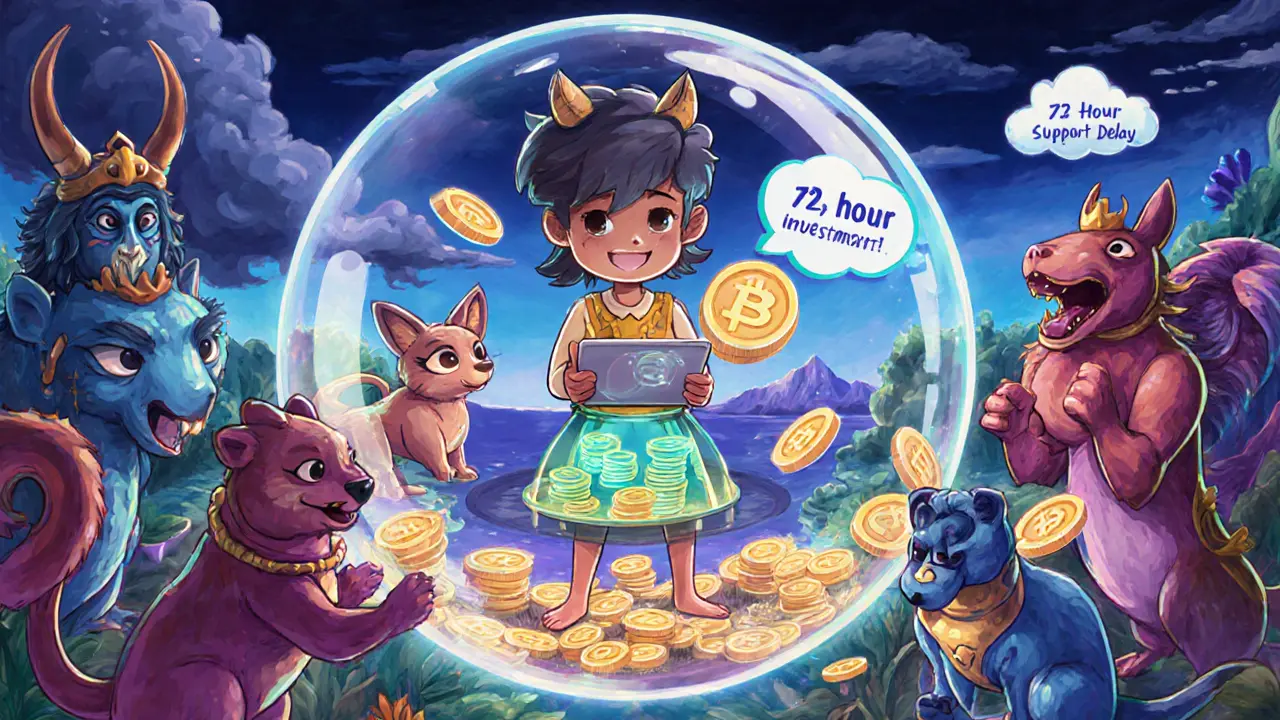 A beginner trader in a demo account oasis, surrounded by spirit animals, with a distant support delay cloud.