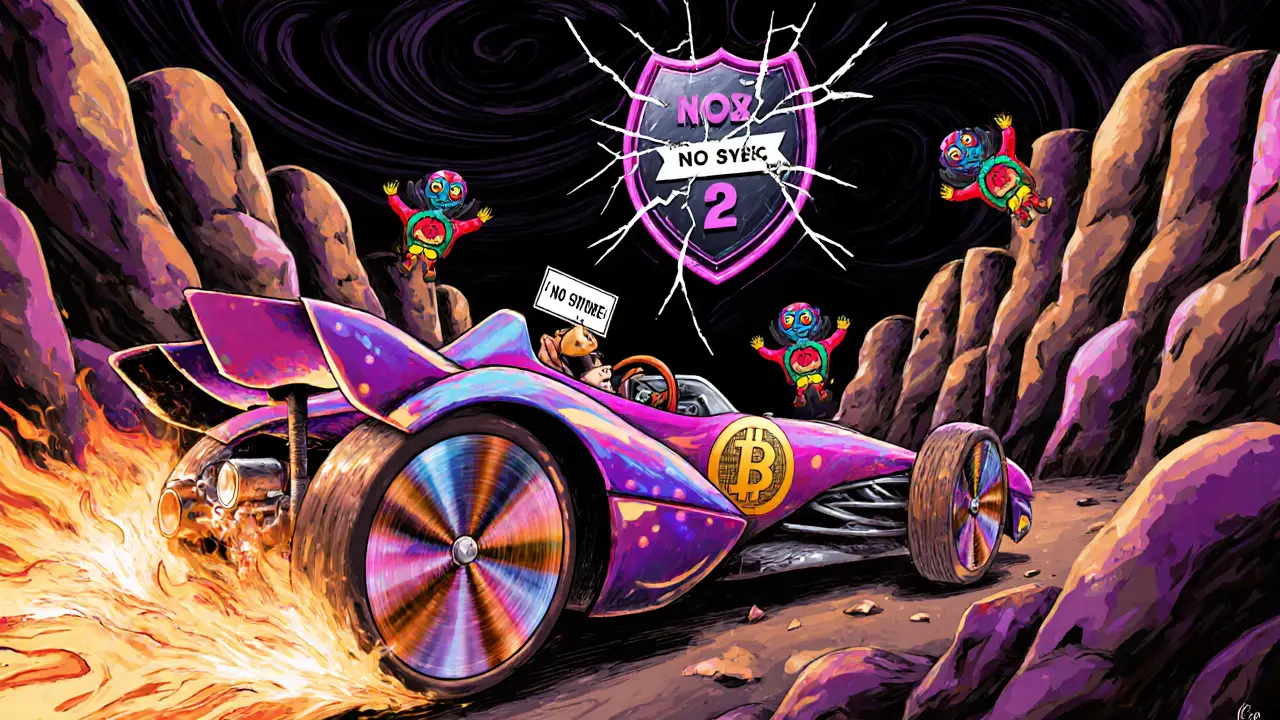 A crypto-token race car speeds through a futures canyon, a cracked shield labeled &#039;No Insurance&#039; shatters above.