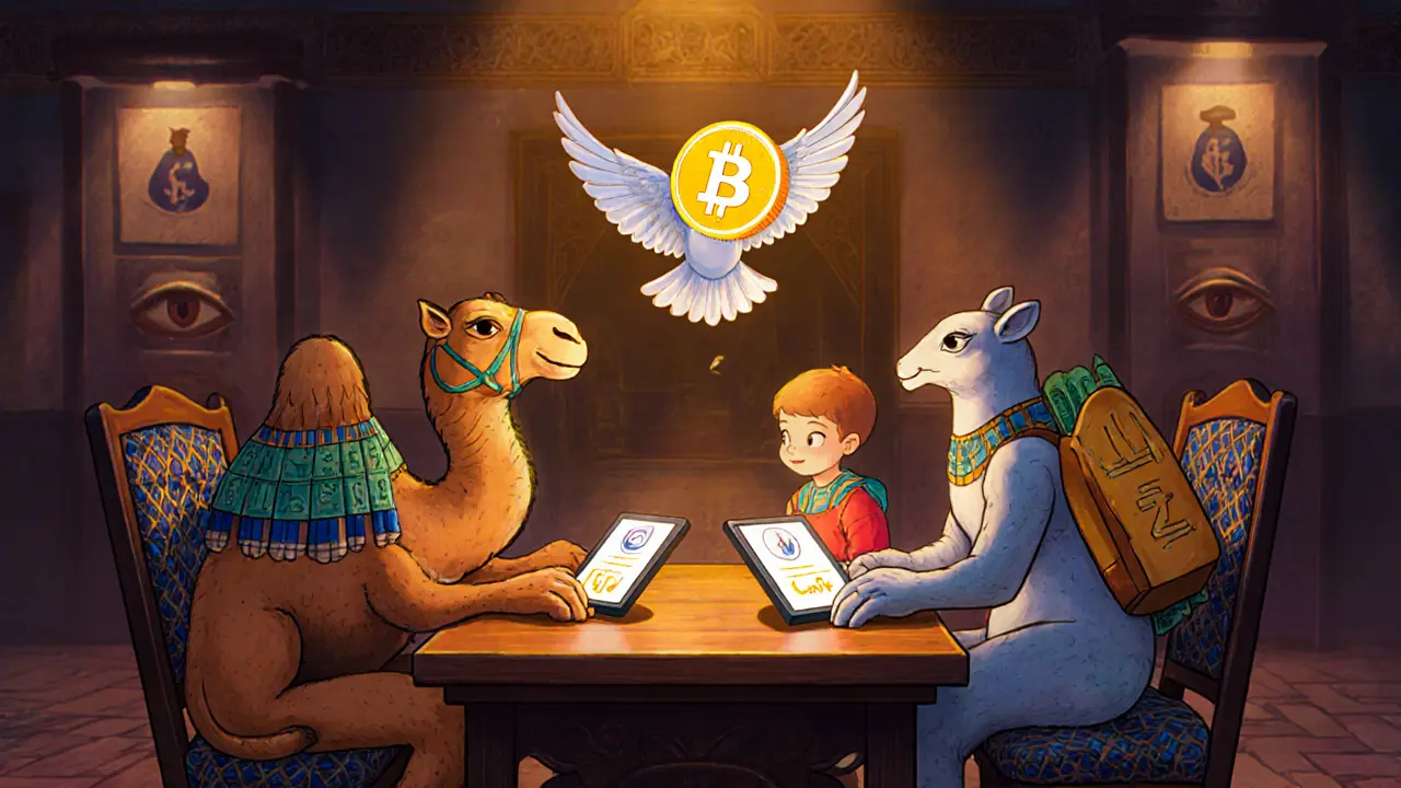 A family of alebrije creatures trade crypto in a Cairo café with glowing tablets and floating USDT coins.