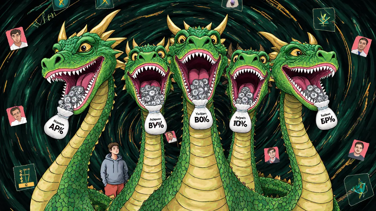 A five-headed dragon swallowing the same tokens and spitting out fake TVL numbers across five blockchains.