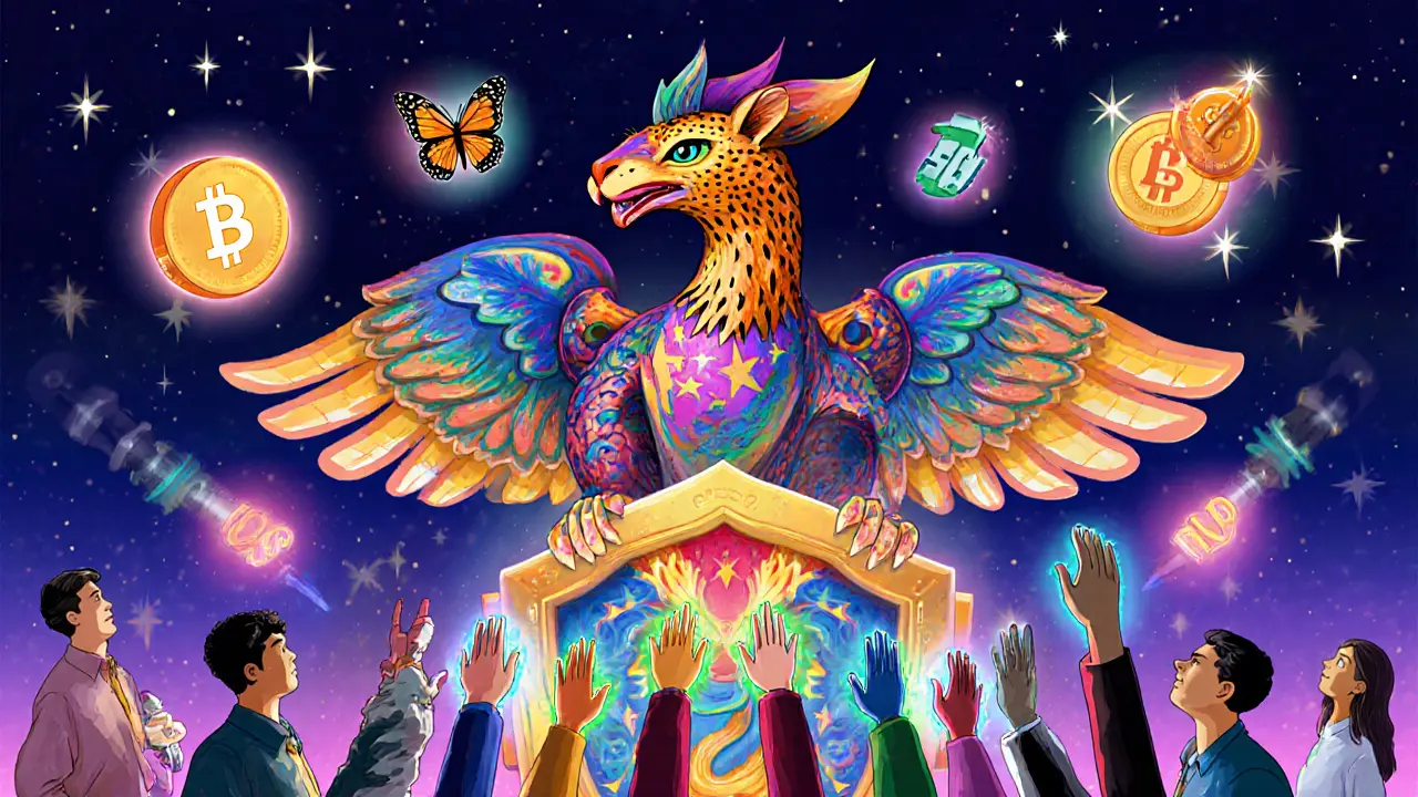 A hybrid consensus creature with multiple animal forms standing on a quantum shield, surrounded by global users.