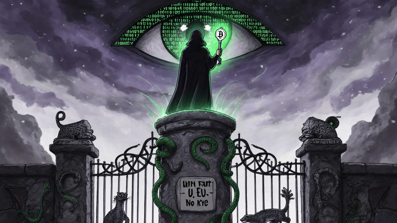 A lone trader on a blockchain pillar holds a 30-BTC key as a giant eye watches, with blocked users turned away.