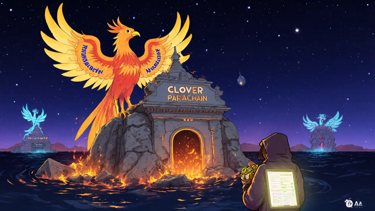 A lone traveler holds CLV tokens as a crumbling Clover temple sinks, while a phoenix of smart contract code rises behind them.