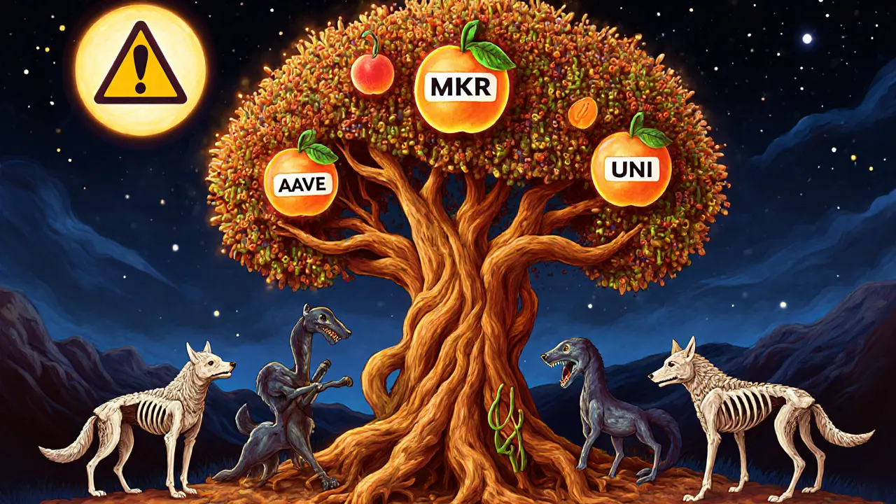 A real DAO tree with healthy fruits next to a dead veDAO sapling in alebrije art style.