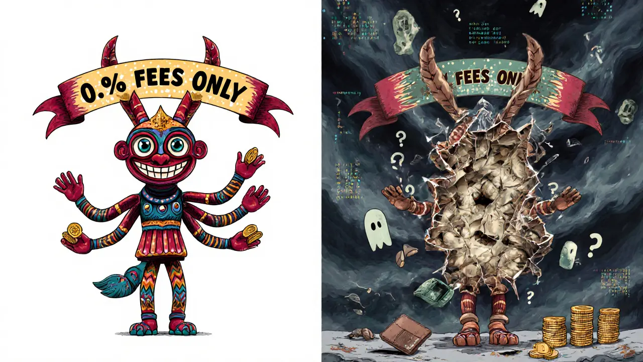 A split scene: a helpful Alebrije giving coins vs. the same creature broken and empty, symbolizing Bitlish&#039;s rise and fall.