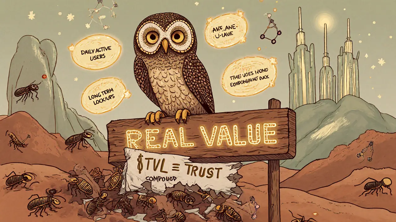 A wise owl perched on a sign for &#039;Real Value&#039;, surrounded by glowing metrics as a fake TVL billboard crumbles below.