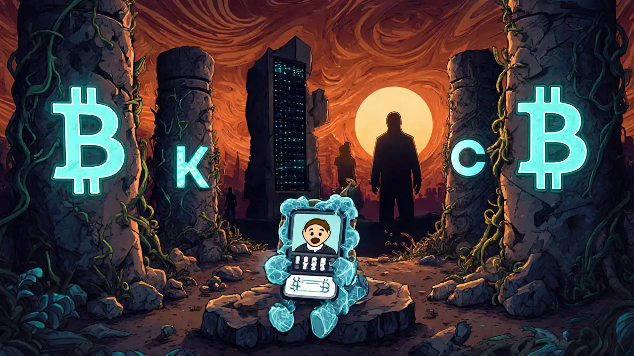 An abandoned digital temple with Bitcoin pillars and a lonely user spirit under a dark sunset, in Alebrije art style.