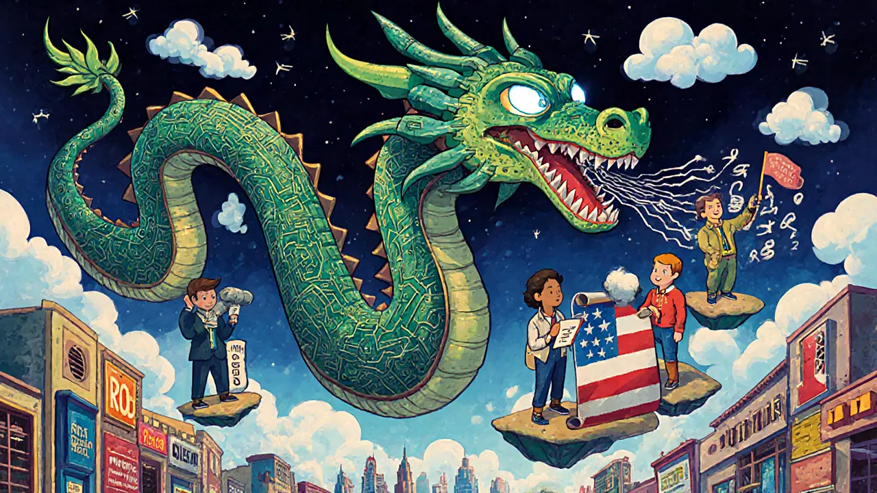 An AI dragon breathing trading signals over a global marketplace, blocked from reaching the U.S. flag.