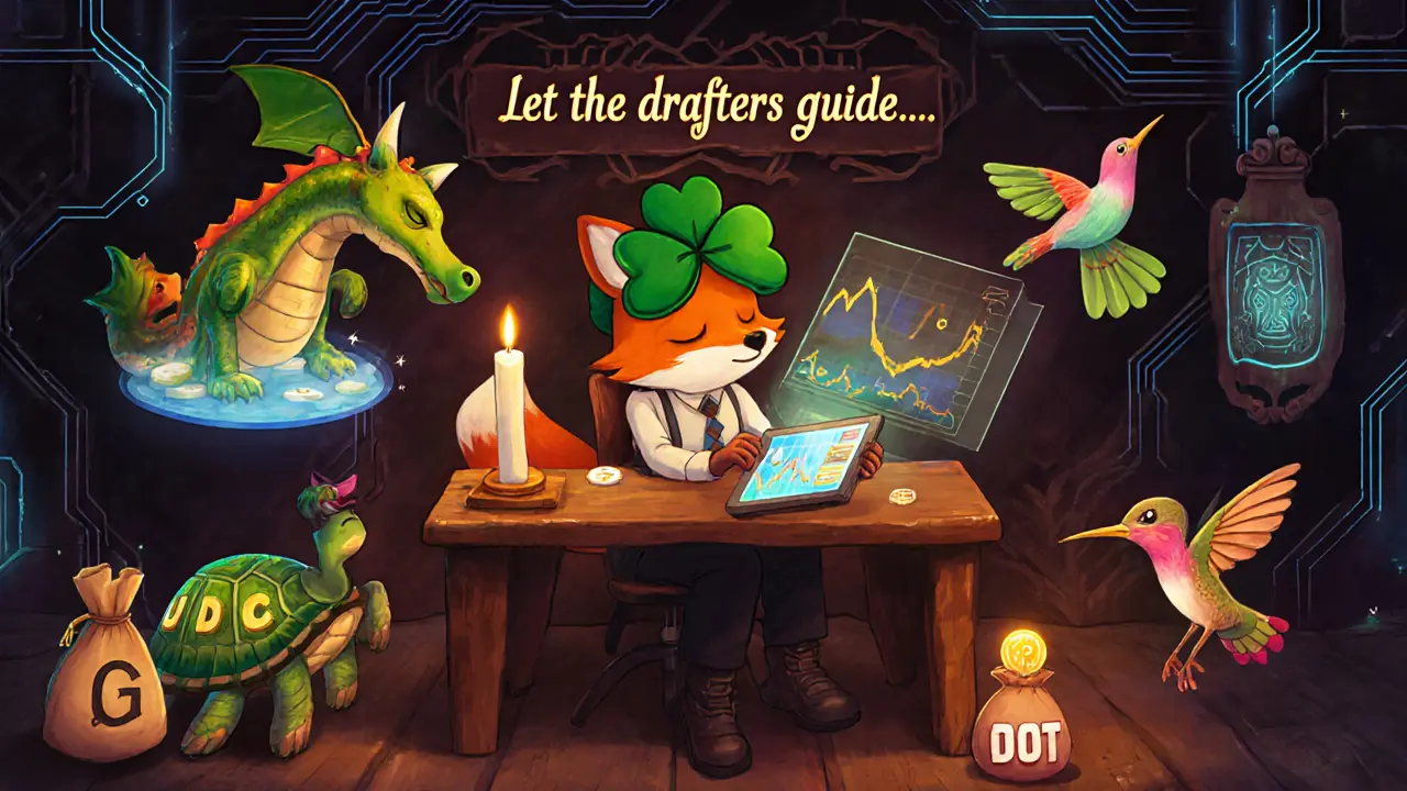 Fox-headed trader in a clover hat swaps tokens in a DeFi den, surrounded by spirit animals carrying liquidity pools in glowing sacks.