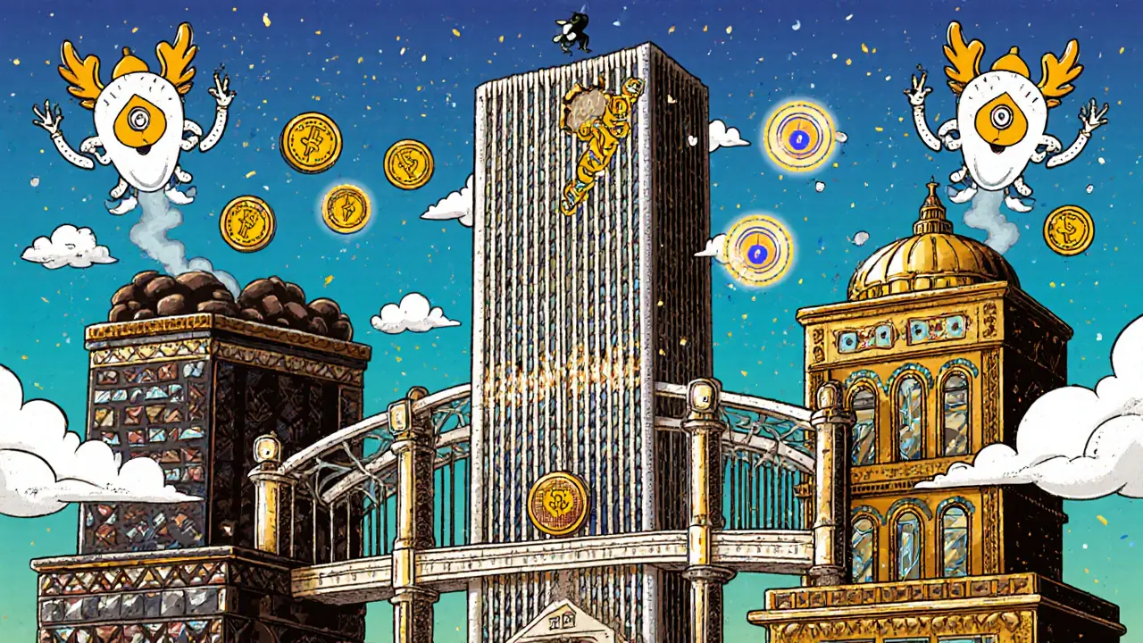 Modular blockchain buildings connected by ZK bridges, guarded by AI spirits in folk-art style.