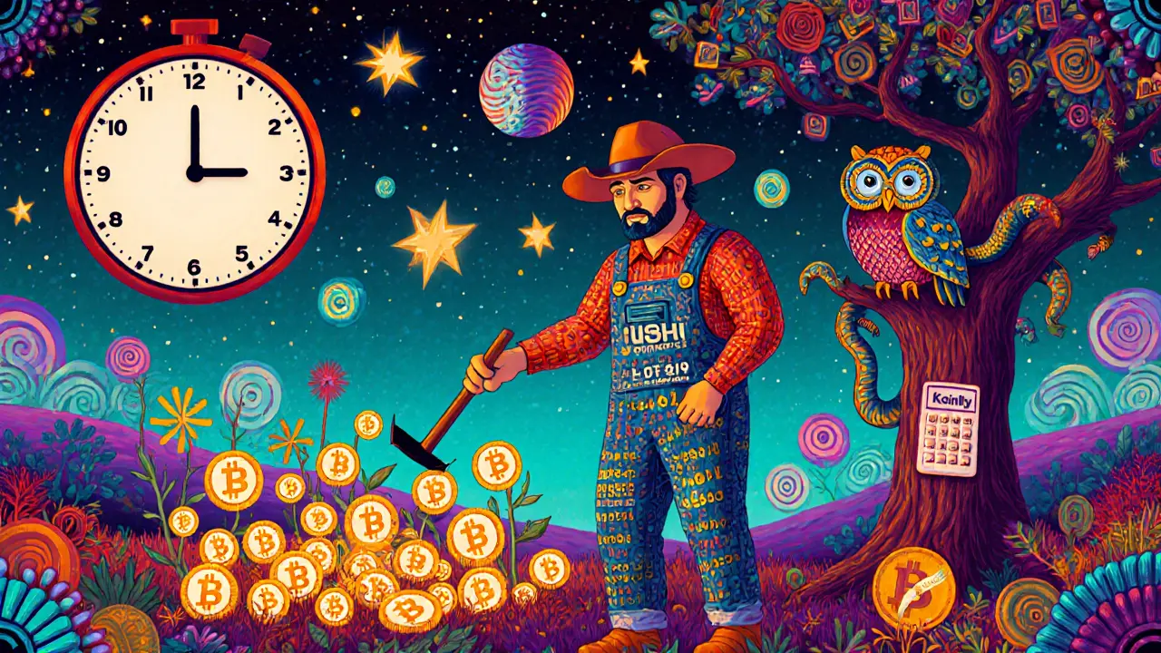 A blockchain farmer harvesting SUSHI tokens while a tax owl watches, with quarterly deadlines as celestial bodies.