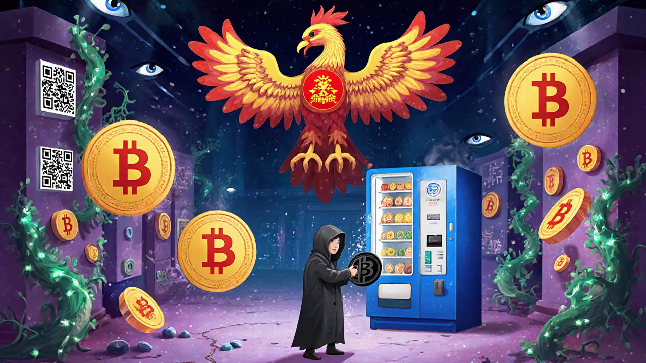 A bureaucratic phoenix oversees a marketplace where e-CNY coins are traded, and a Bitcoin miner tries to use a forbidden coin that turns to ash.