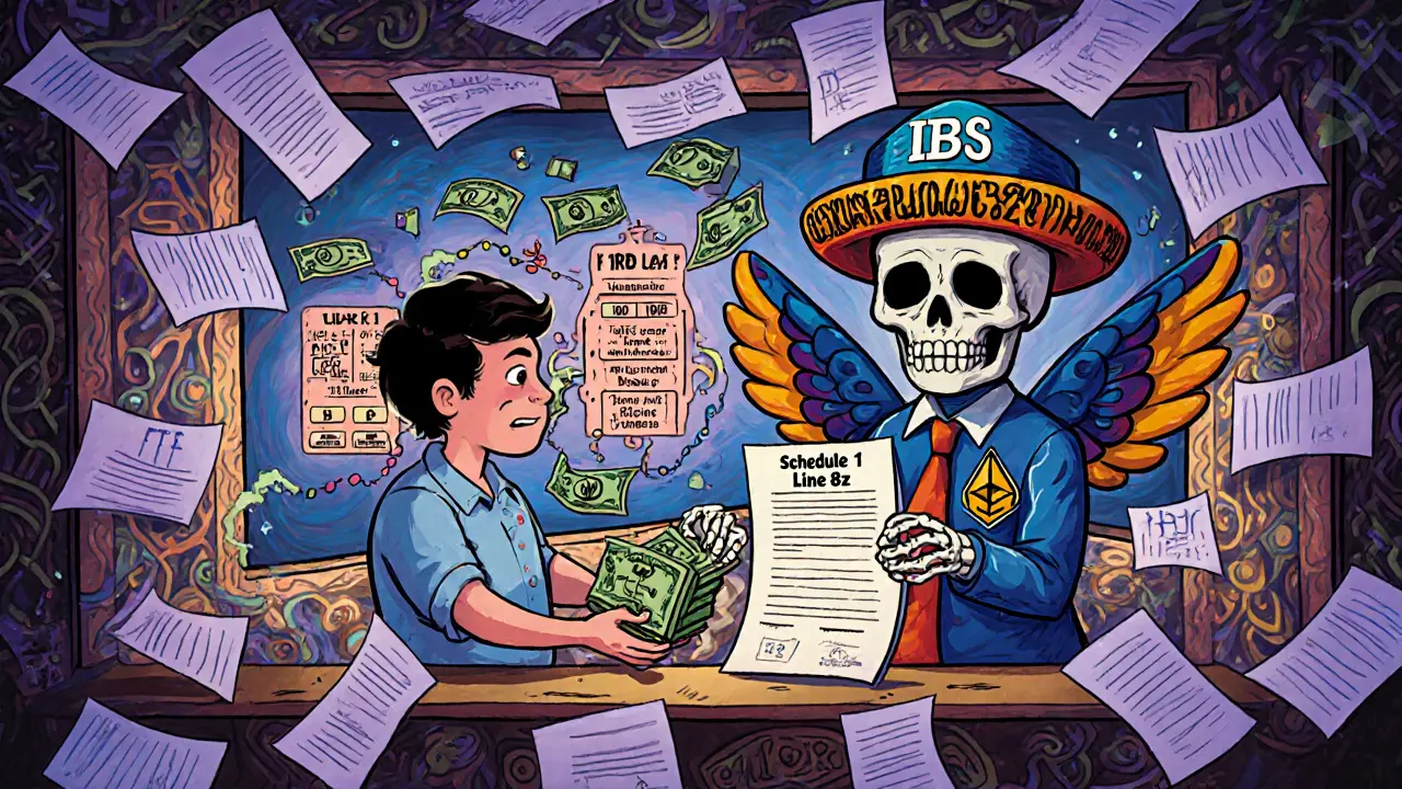 A chaotic tax office inside a wallet, with a taxpayer paying ETH and an IRS collector stamping Schedule 1.