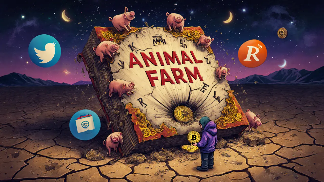 A decaying &#039;Animal Farm&#039; book turning into digital ash, with a tiny figure holding a fading AFP coin.