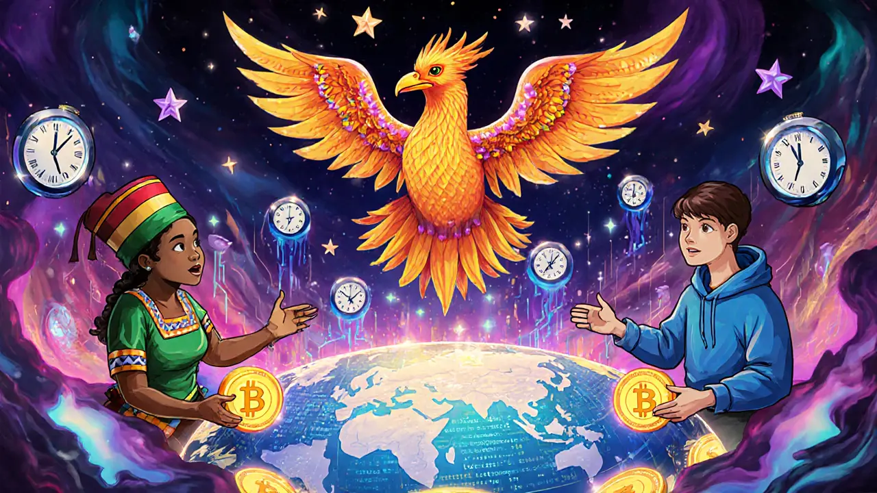 A digital phoenix hovers above a global trading hub where diverse investors exchange blockchain tokens across time zones.