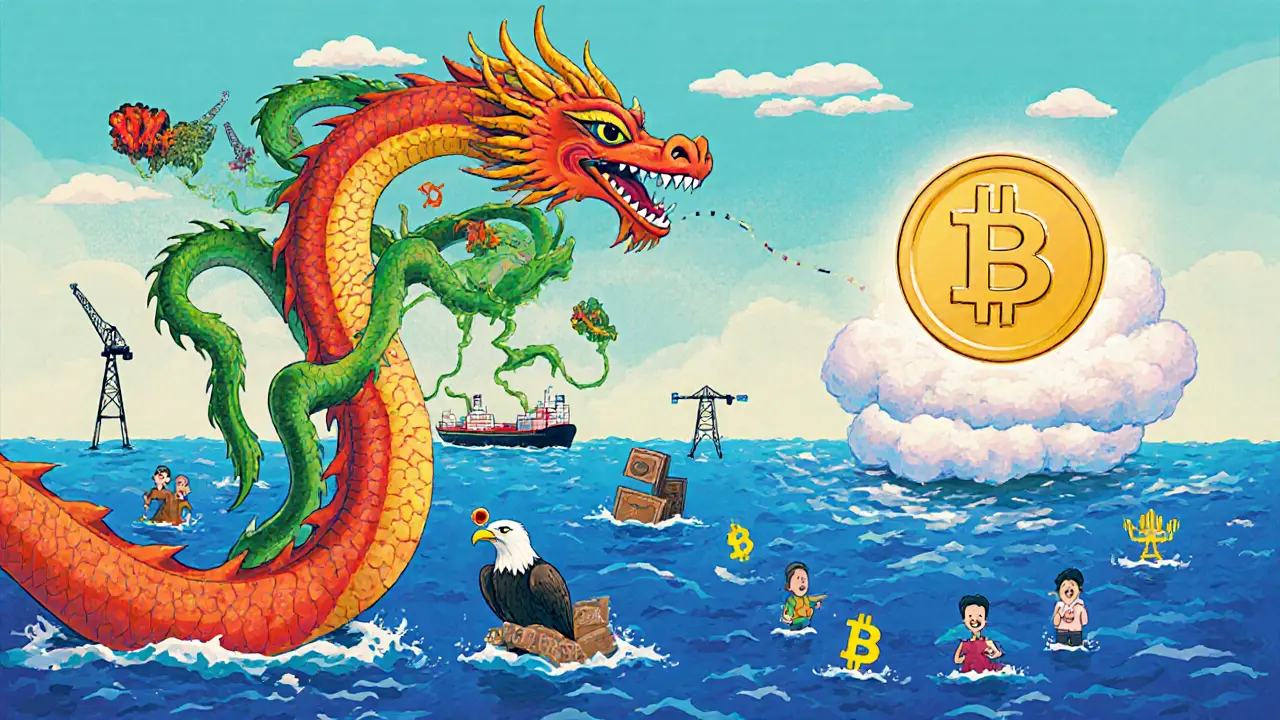 A dragon-shaped map spreads e-CNY tendrils across continents, while a lone Bitcoin symbol floats isolated in the ocean, watched by a distant eagle.
