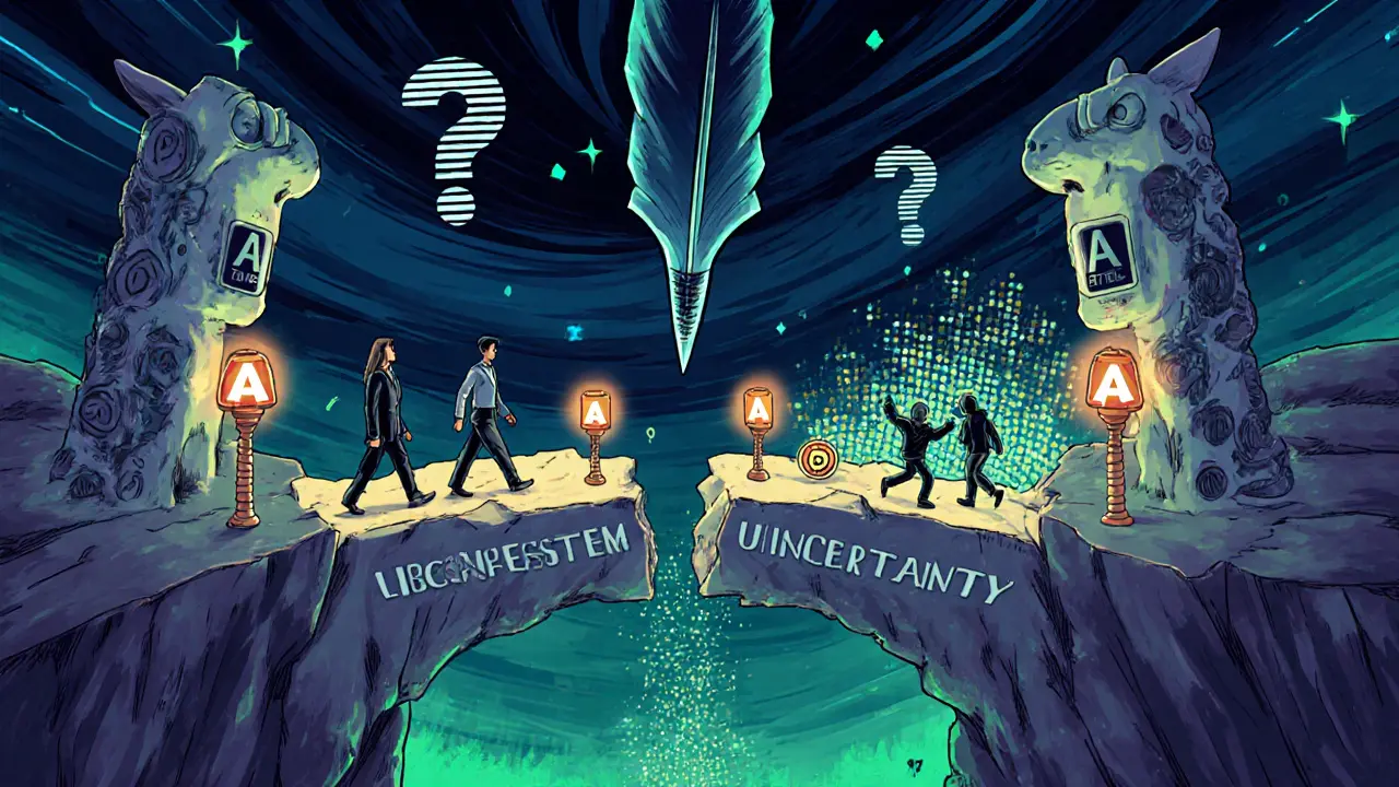 A fractured bridge of NFTs separating compliant businesses from DeFi uncertainty in a glowing sky.