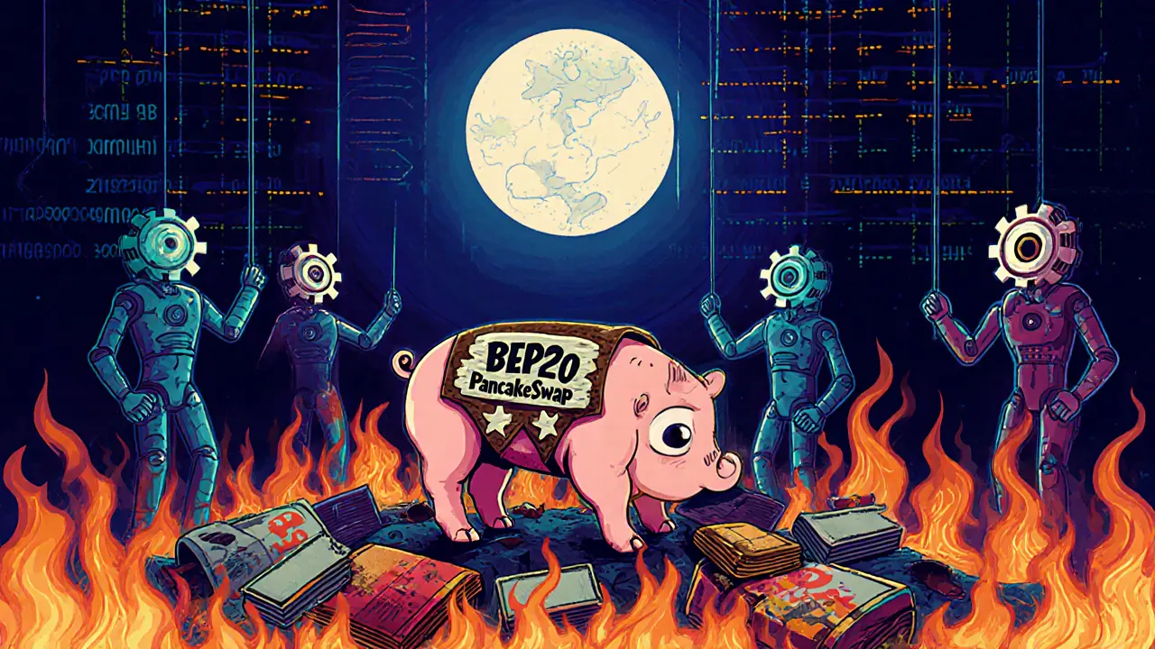 A hollow pig on a pile of abandoned wallets, watched by bot figures with gear heads in folk-art style.
