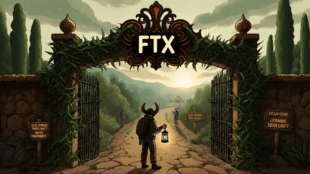 A lone traveler faces a locked FTX gate overgrown with vines, lantern in hand, as a path to transparent exchanges glows ahead.