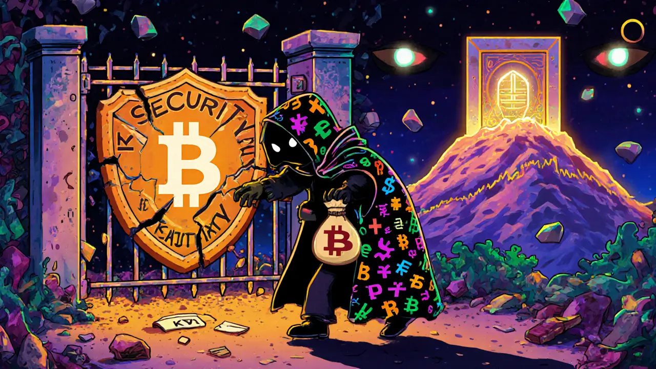 A shadowy figure avoiding KYC while security crumbles, in surreal Alebrije art.