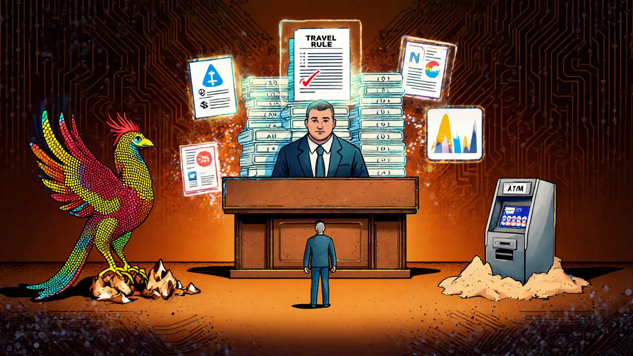 A small business owner facing a judge made of wallets and compliance documents in a surreal courtroom.