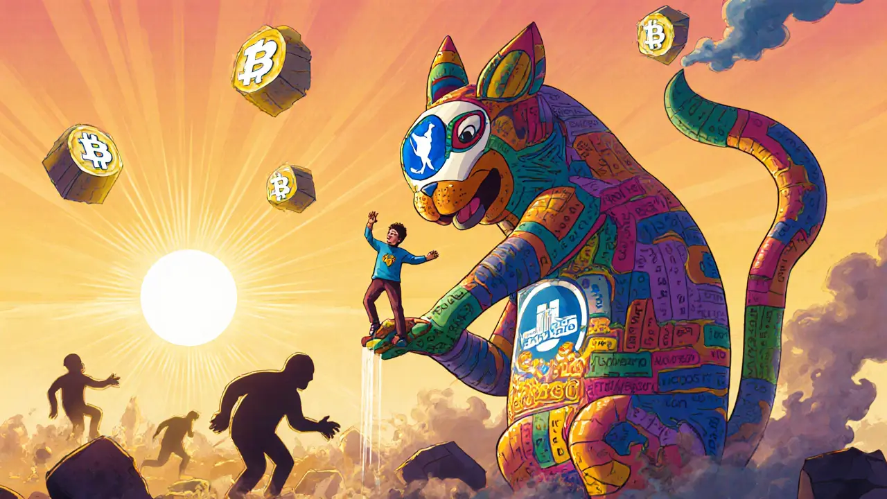 A small crypto startup lifted by a spirit-animal made of transaction logs, while failed firms fade away.