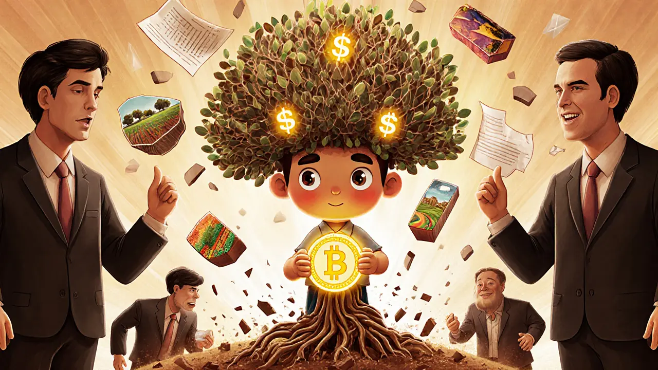A small investor holds a token that grows into a tree of fractional assets, while traditional brokers crumble into dust.