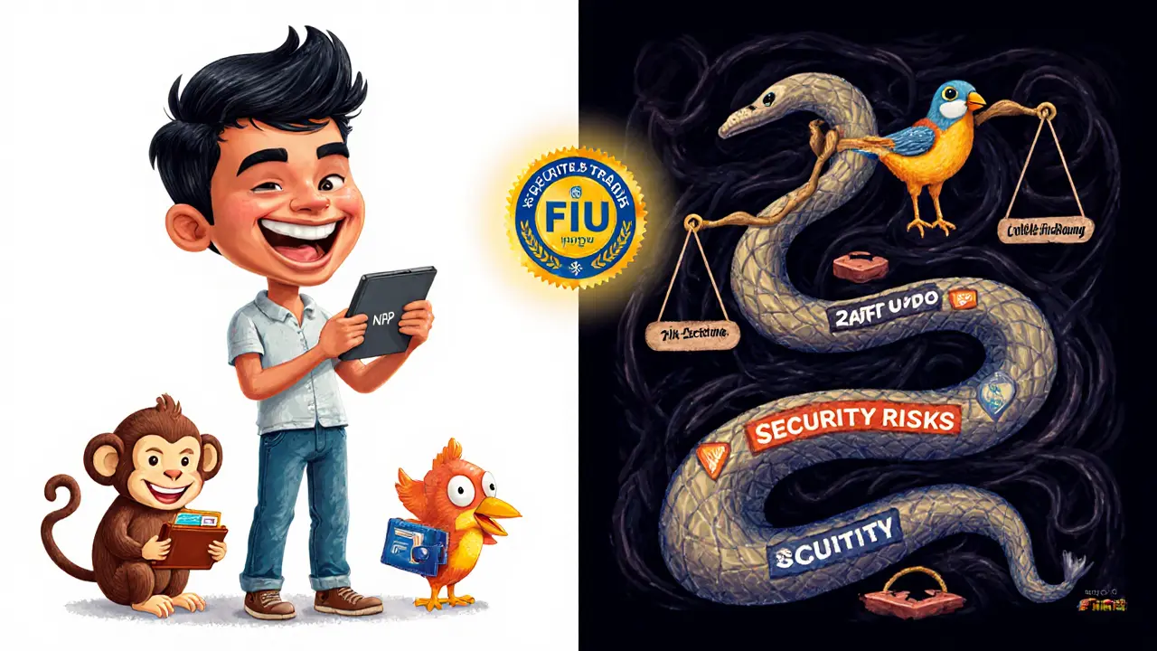 A trader using KoinBX with friendly spirit animals, contrasted against a shadowy security serpent.