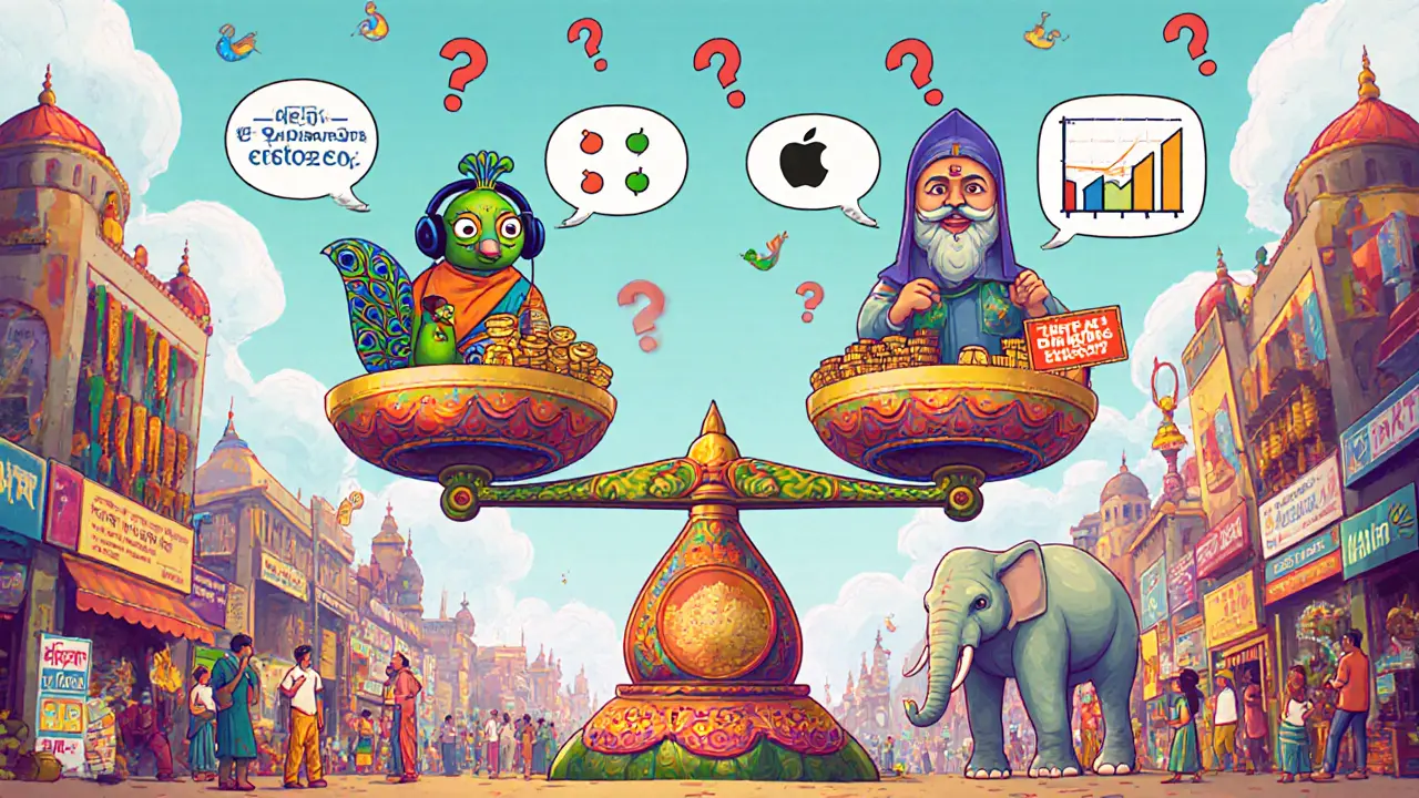 A vibrant Indian crypto marketplace with anthropomorphic support agents and a balance scale of trading features.