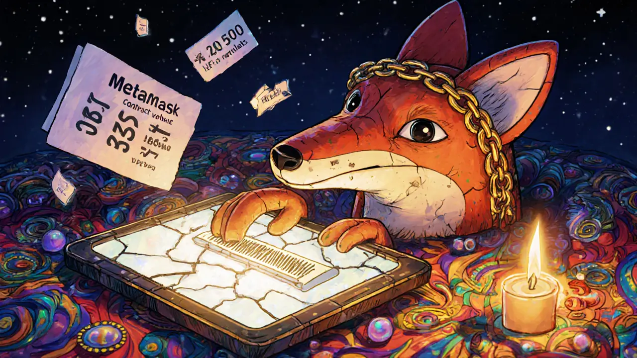 An alebrije-style fox wallet entering a contract address on a cracked tablet, surrounded by tokens of low volume and loss.