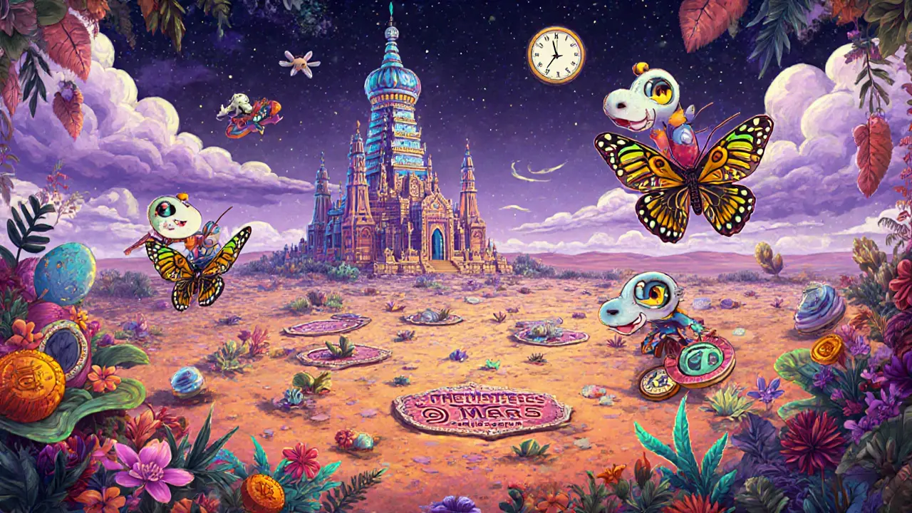 Metamon creatures flying over floating Mars lands toward a token temple under a giant clock in a dreamlike metaverse.