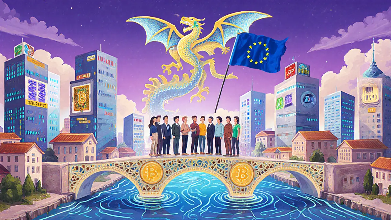 Nicosia skyline blending traditional architecture with blockchain towers and compliance bridges.