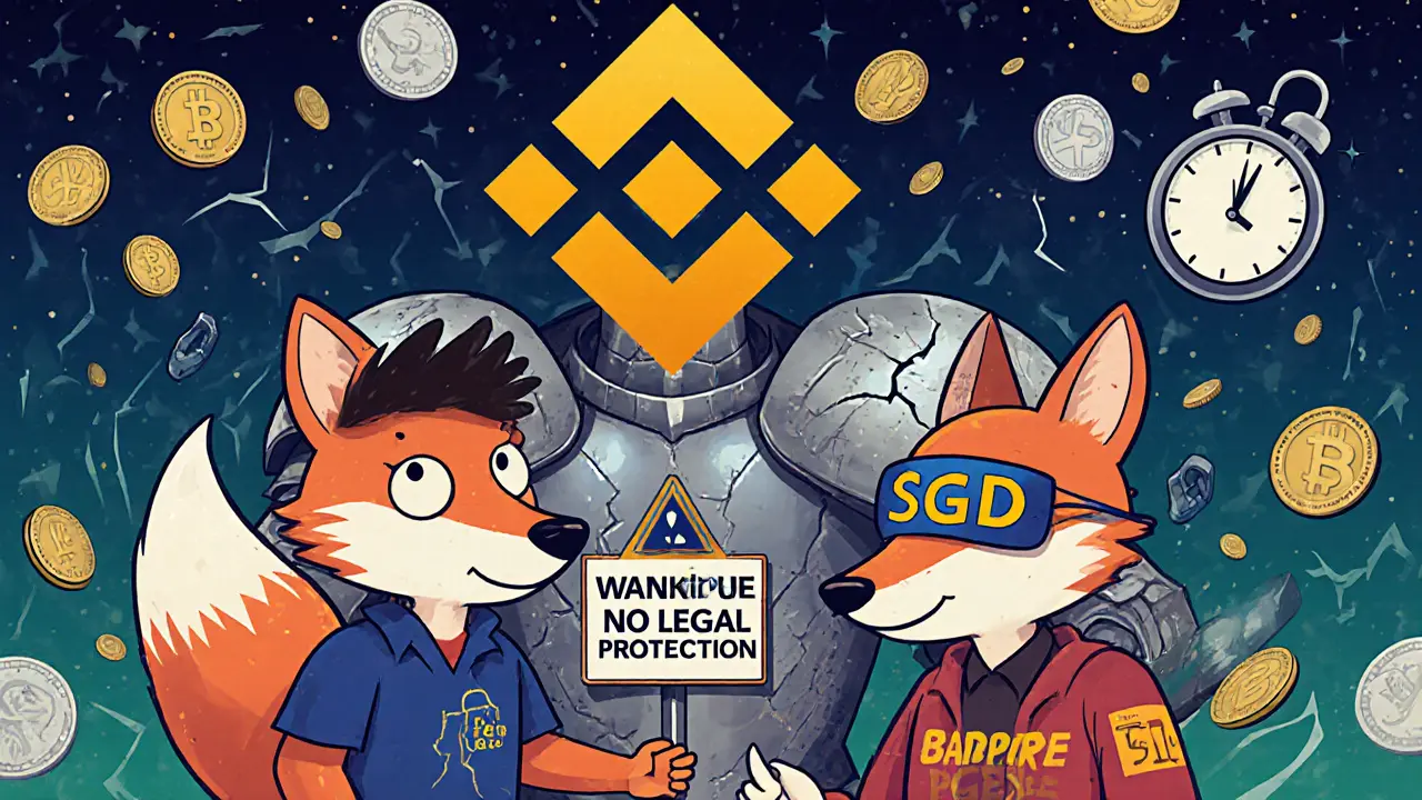 P2P crypto trade with suspicious fox figure, Binance logo cracked and warning sign visible